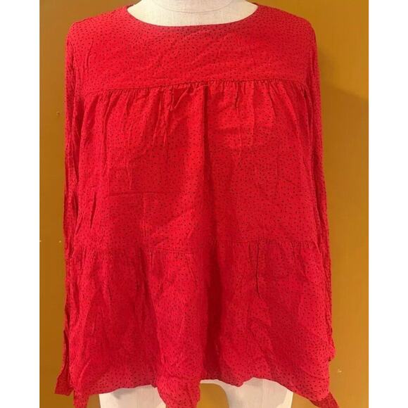 GAP Tops - Gap Blouse Top Womens Medium Red Pleated Tiered Long Sleeve Back Keyhole Button